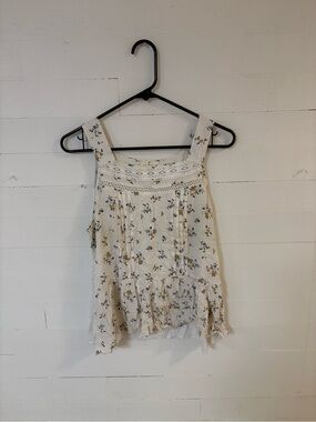 Ember Floral Boho Lace Trim Peplum Tank Top Large Ivory